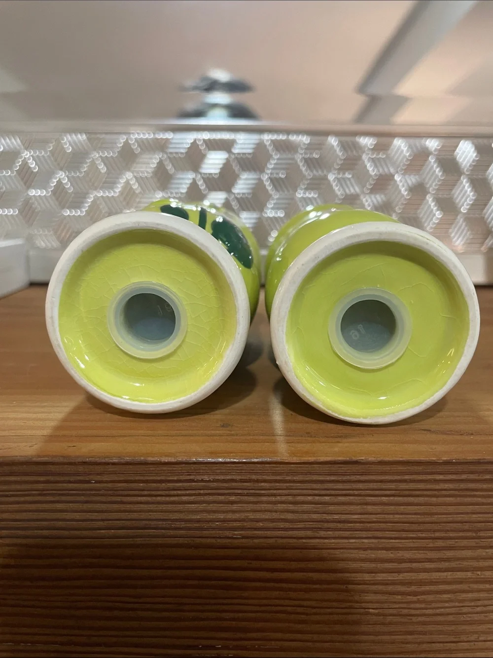 Anthropologie Hand-Painted Lime Green Floral Salt & Pepper Shaker Set